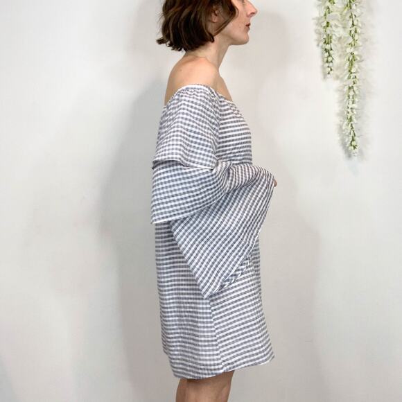 WAYF gingham print picnic dress flared tiered sleeves blue white strapless 3264 - Picture 6 of 12